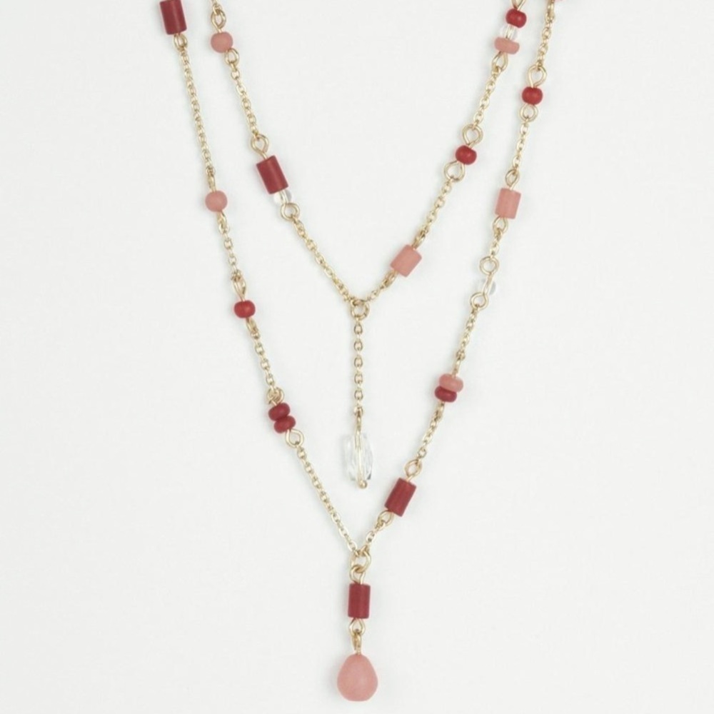 🆕 Lucky Brand Red Stone Delicate Beaded Layer Lariat Gold Necklace - Picture 2 of 3